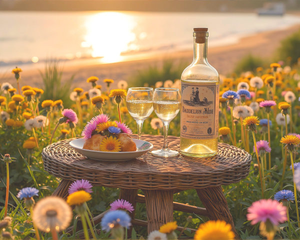 Serene Beach Sunset with Wildflowers and Refreshments