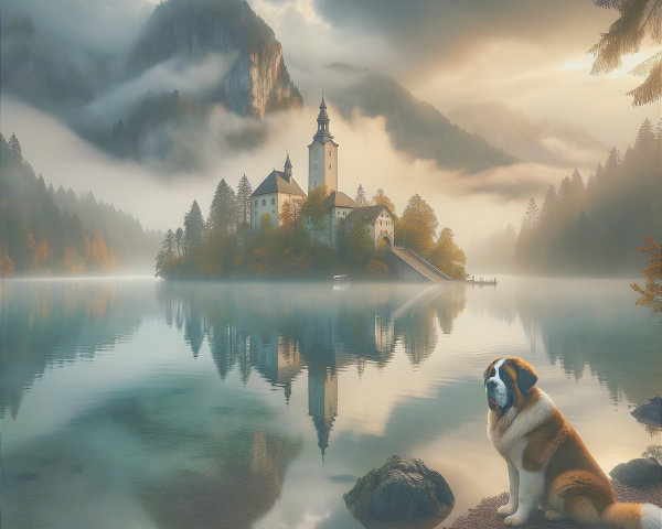 Tranquil Lake Landscape with Misty Mountains and Castle