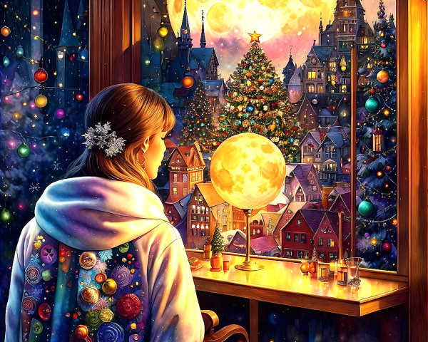Celestial-patterned cloak figure views festive night scene