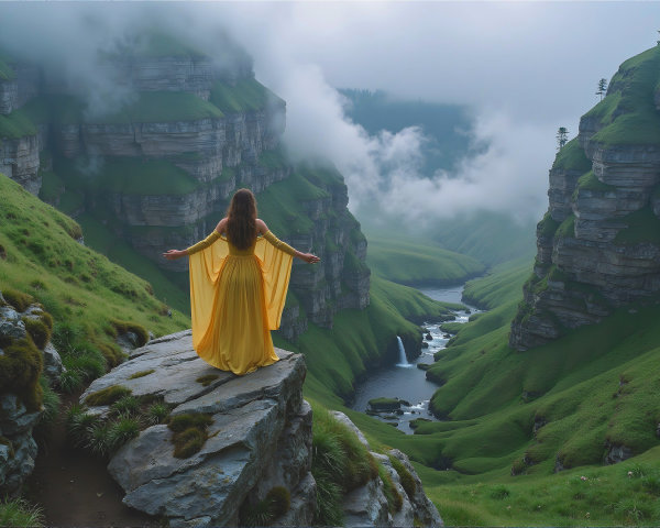 Woman in Yellow Dress Overlooking Lush Valley and Cliffs
