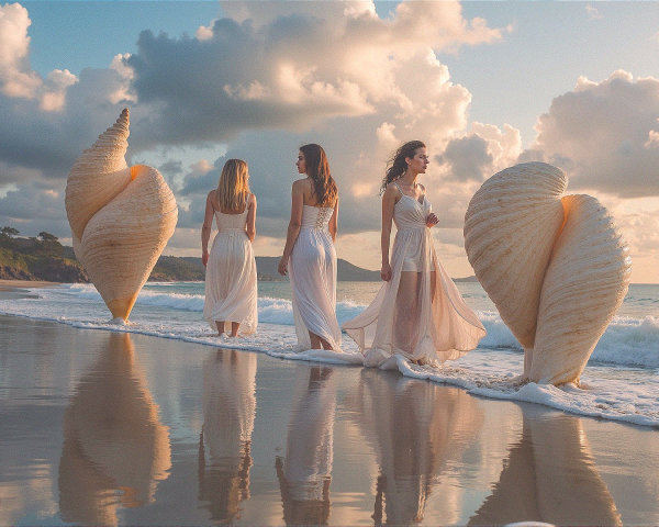 Women in White Dresses on a Serene Beach at Sunset