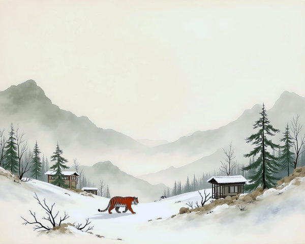 Majestic Tiger Walking on Snow-Covered Hillside