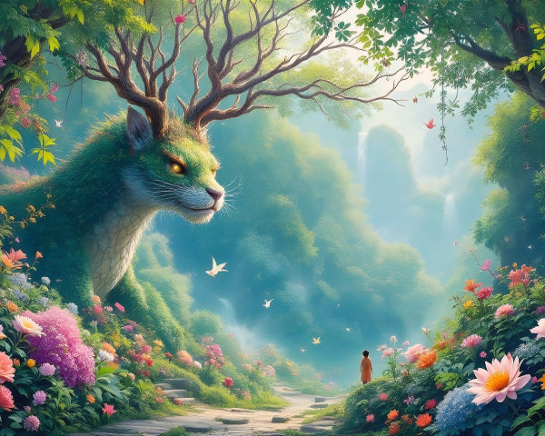 Colossal creature in a vibrant, enchanted forest scene