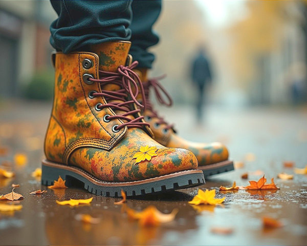 Vibrant Boots on Rain-Soaked Street with Autumn Leaves