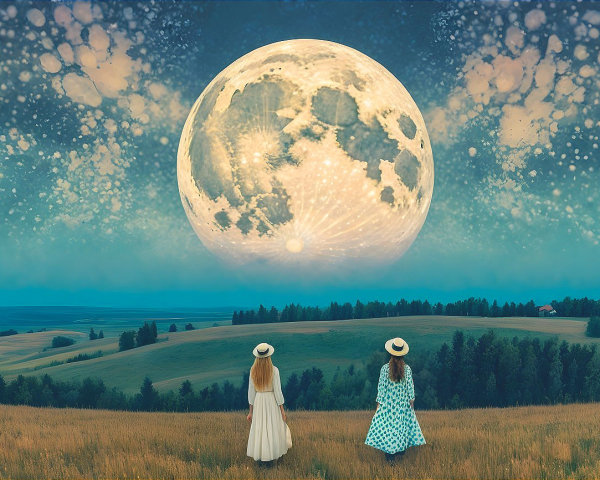 Women on Hillside Under Luminous Full Moon