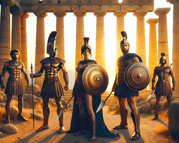 Ancient Warriors in Armor Amidst Ruins and Sunlight