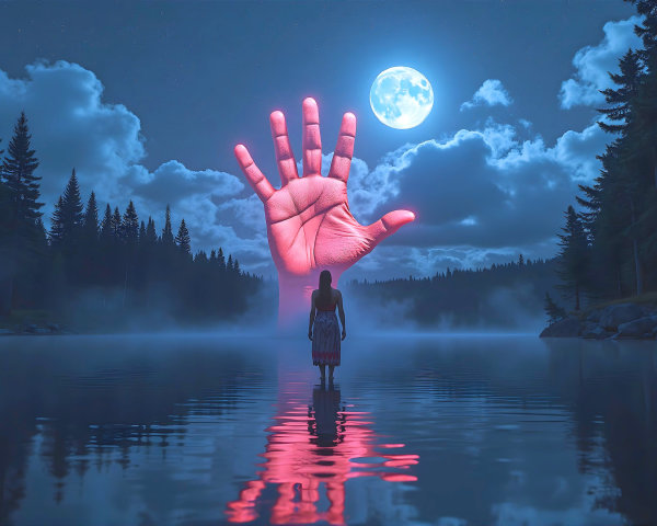Moonlit Lake Scene with Luminous Hand and Figure