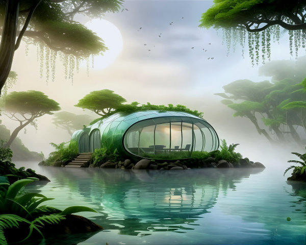 Futuristic Glass House on a Serene Island Retreat