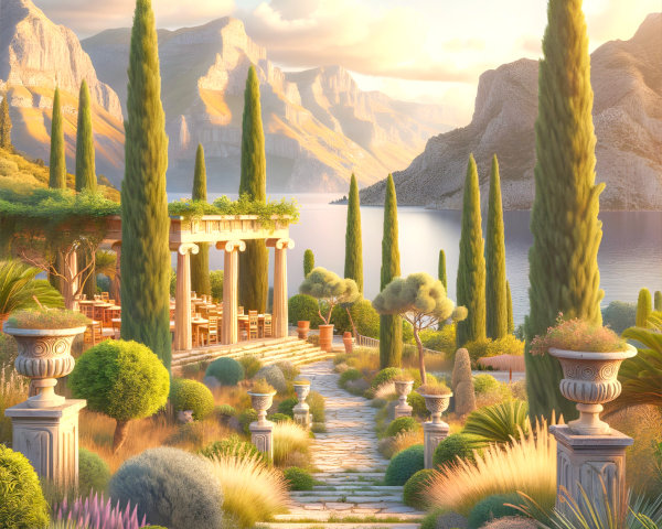 Serene Garden Pathway to Pavilion by Tranquil Lake