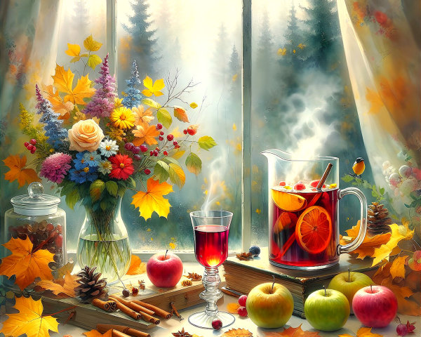 Autumn Scene with Forest View and Spiced Drink Setup