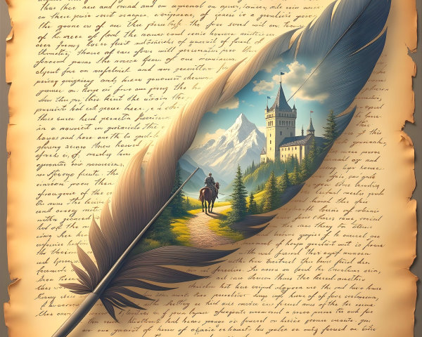 Intricate Feather Quill Framing Castle and Mountains