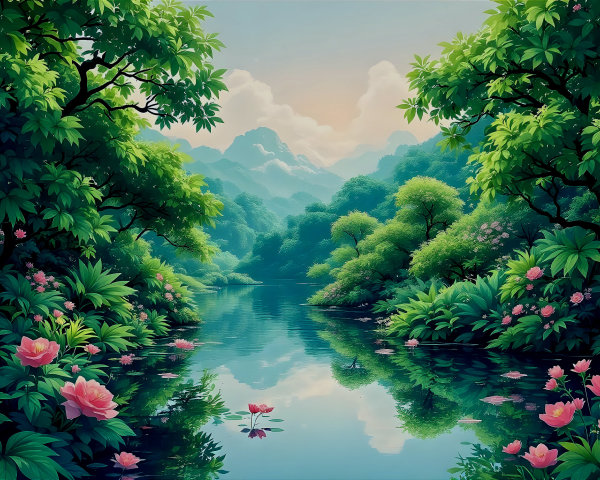 Tranquil River Landscape with Lush Greenery and Mountains