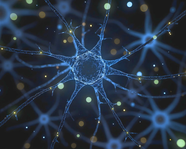 Close-up View of a Neuron with Glowing Particles