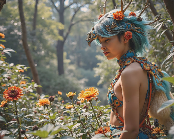 Nature-Inspired Outfit Among Lush Greenery and Flowers
