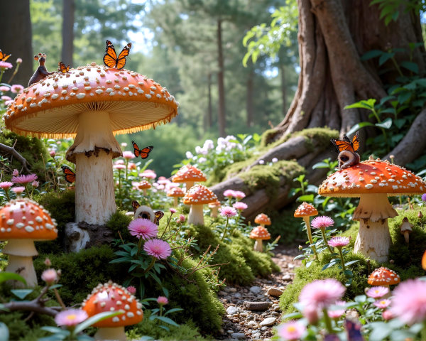 Whimsical Forest Scene with Vibrant Orange Mushrooms
