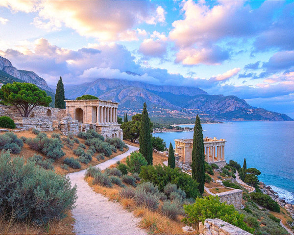 Coastal Landscape with Ancient Ruins and Mountains