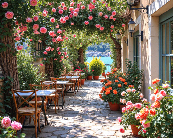 Outdoor Cafe Surrounded by Blooming Rose Bushes