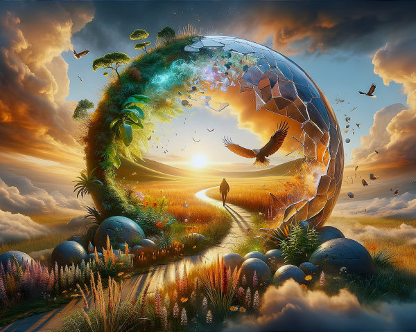 Surreal landscape with broken spherical portal, wildlife, nature, serene pathway, clouds at sunset