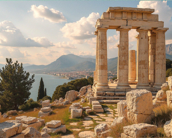 Ancient Ruins with Stone Columns and Scenic Backdrop
