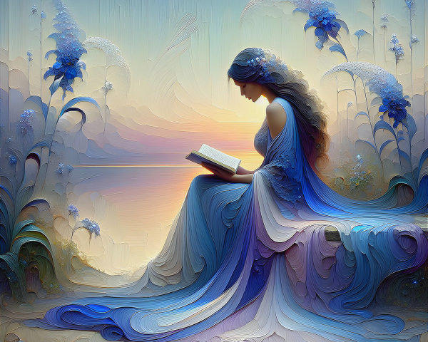 Serene figure reading by tranquil water at sunset