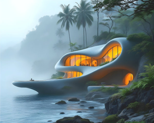 Futuristic Organic House on Rocky Coastline with Lights