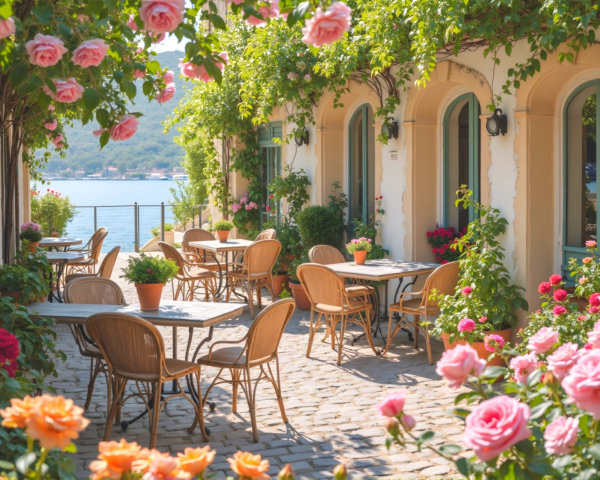 Charming Outdoor Café Surrounded by Blooming Roses