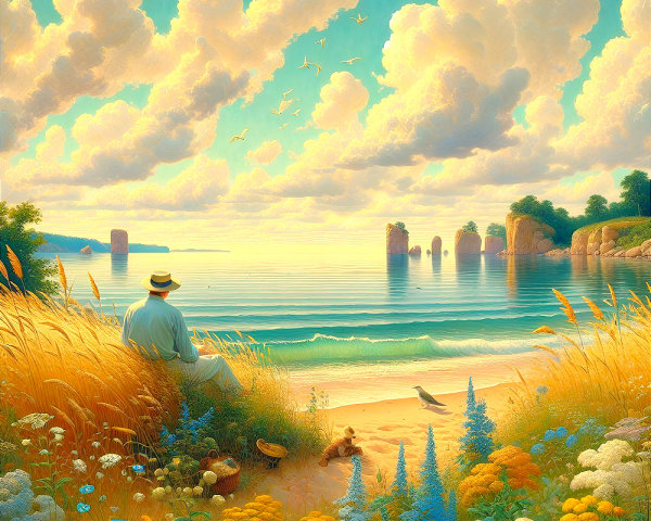 Coastal Beach Scene with Wildflowers and Tranquil Waters