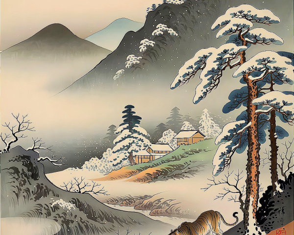 Ukiyo-e Woodblock Print of Snowy Mountain Landscape