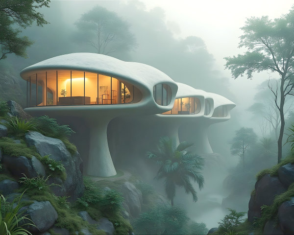 Futuristic Homes on Stilts Amidst Lush Greenery