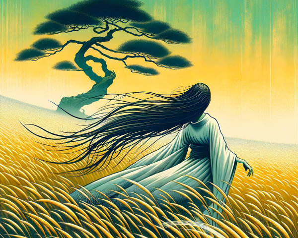 Figure in Flowing Attire in Golden Wheat Field