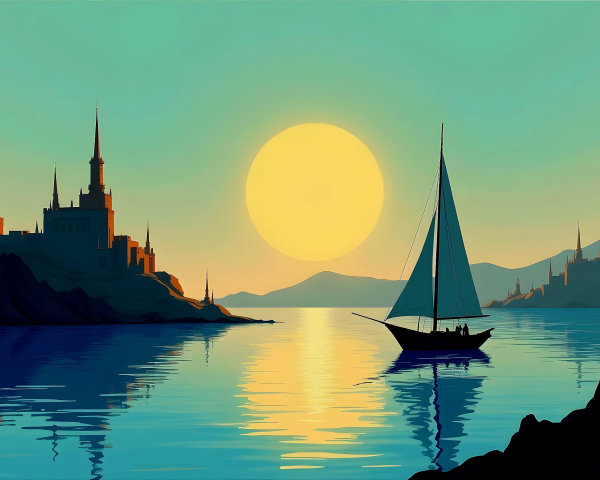 Serene Sunset Over Water with Sailboat and Mountains