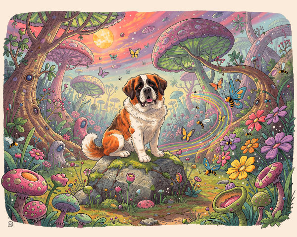 Whimsical St. Bernard Dog in Enchanted Forest Illustration