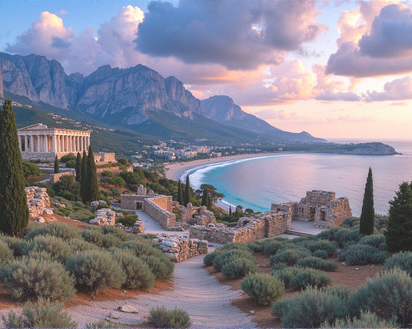 Coastal Landscape with Ancient Ruins and Temple