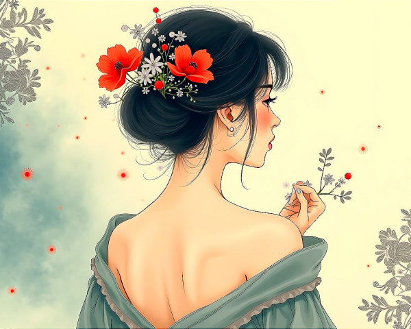 Serene Side Portrait of a Woman with Floral Accents