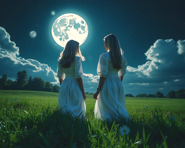 Figures in White Dresses Under Starry Night Sky