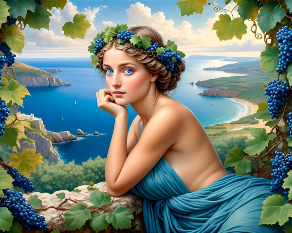 Serene Figure with Grapes Against Coastal Landscape