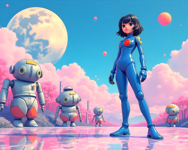 Futuristic Girl in Blue Suit with Robots and Moon