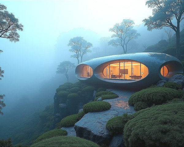 Futuristic Curvilinear House on Rocky Outcrop