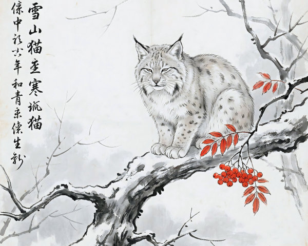 Ink Wash Painting of Snow Lynx on Snowy Branch
