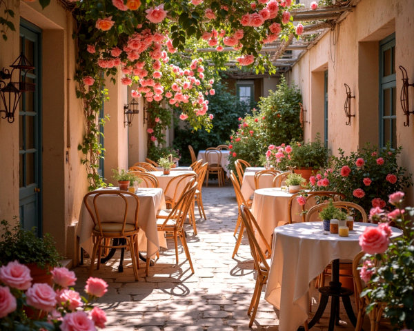Charming Outdoor Café with Blooming Pink Roses