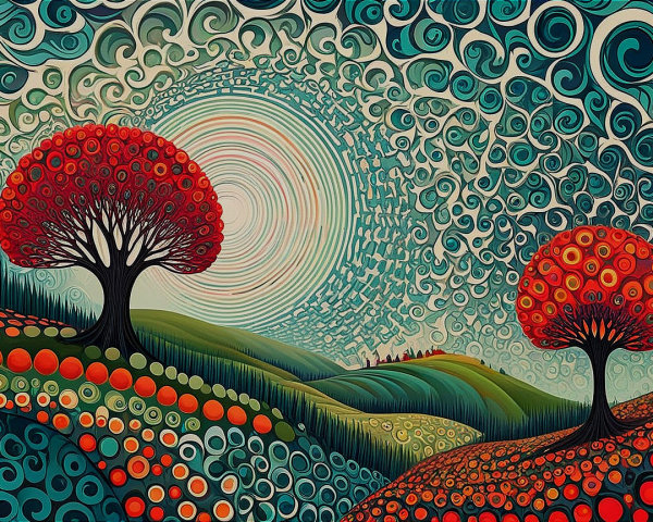 Vibrant landscape with stylized trees and dynamic sky