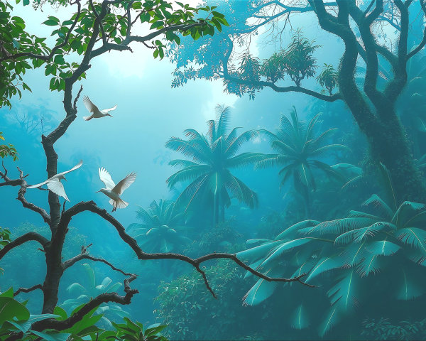 Serene Tropical Landscape with Lush Foliage and Birds