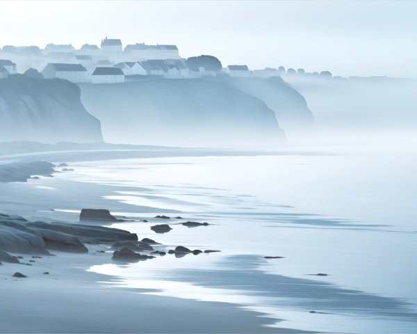 Serene Coastal Scene with Mist and Soft Tones