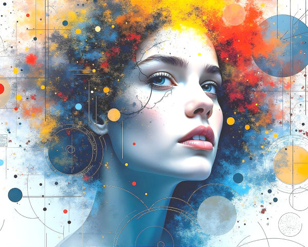 Portrait of a woman with colorful hair and abstract patterns