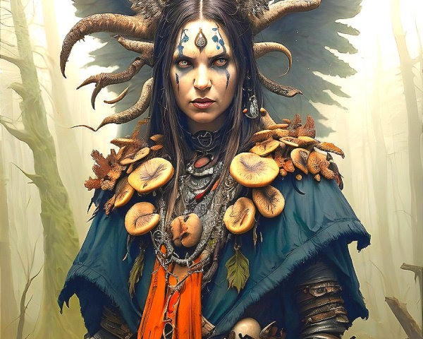 Person in Tribal Attire with Feathers and Face Paint in Misty Forest
