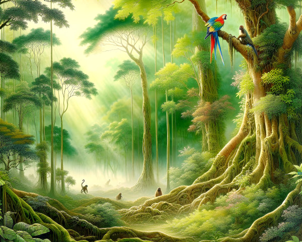 Vibrant Rainforest Scene with Wildlife and Sunlight
