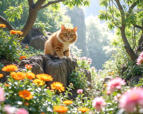 Fluffy Ginger Cat in a Colorful Flower Garden