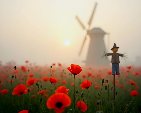 Dawn Landscape with Poppies and Windmill Scene