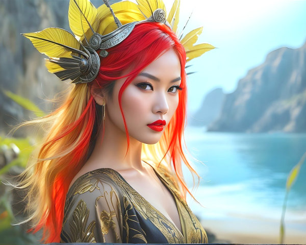 Portrait of a woman with red and golden hair and gown