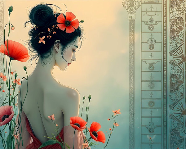 Serene Woman Surrounded by Vibrant Red Poppies